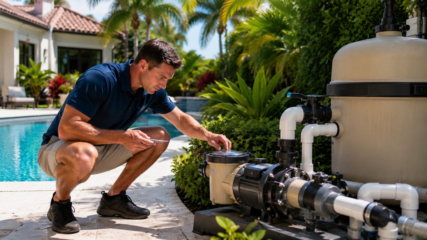 Pool technician inspecting equipment at a Boca Raton home