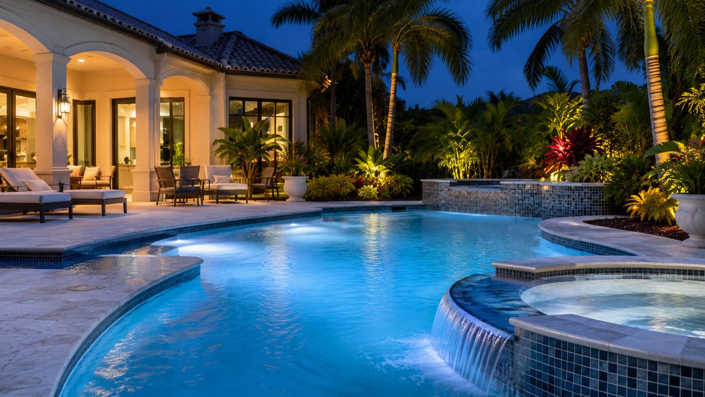 Renovated luxury pool with evening lighting